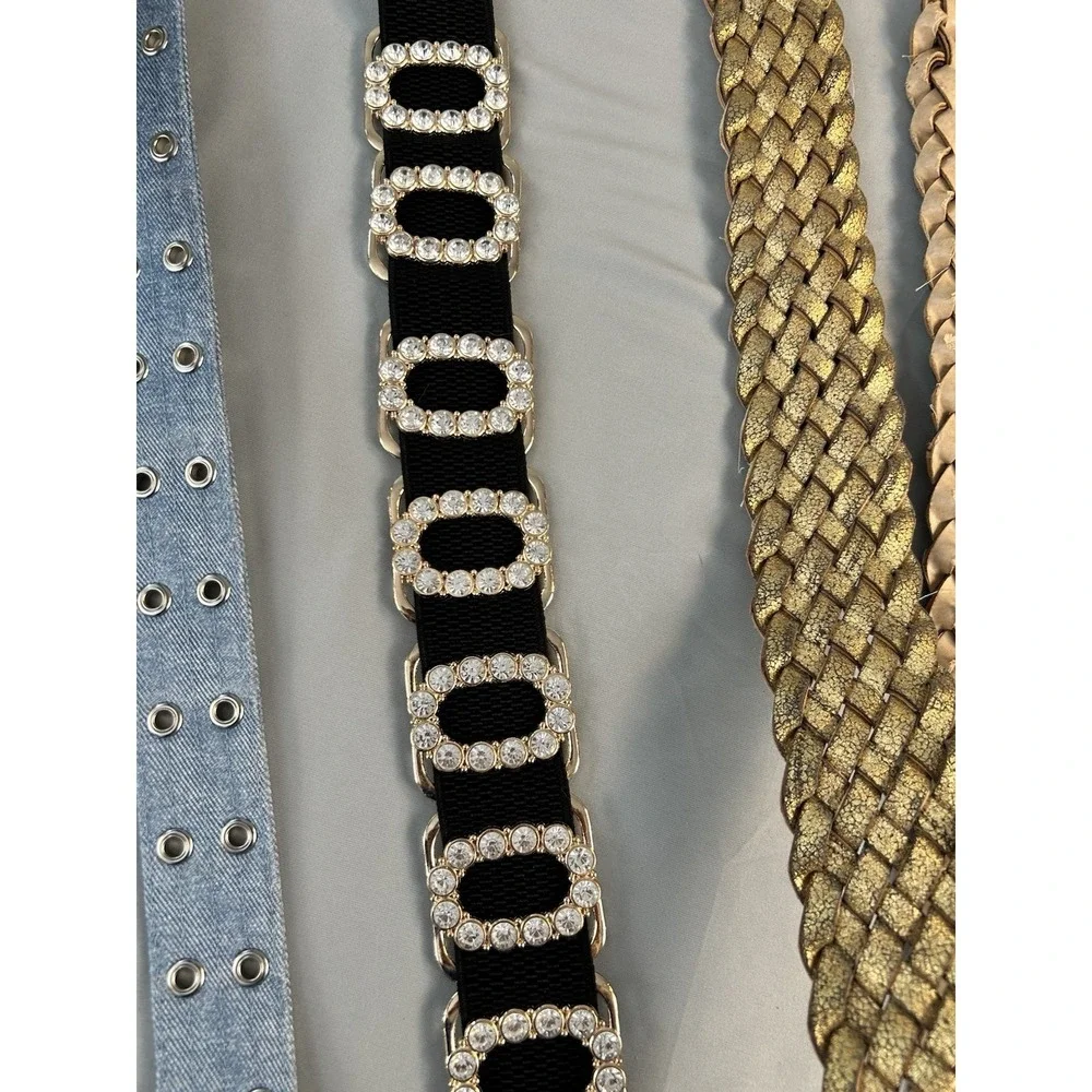 Womens Belt Lot 3 Rhinestone Stretch‎ Denim Grommet Gold Braided Boho